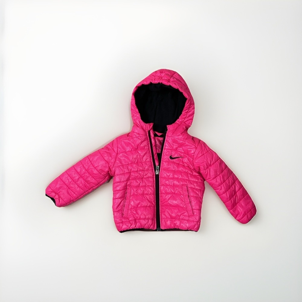 Nike Kids Toddler Girls Pink Black Reversible‎ Hooded Puffer Jacket Size 18M